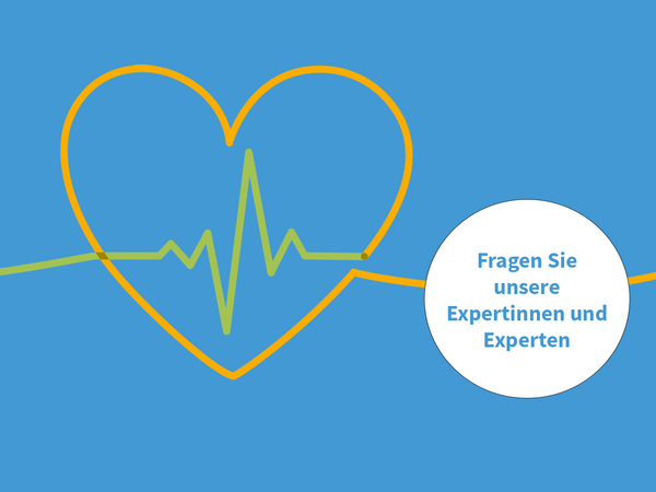 Ein als Bändergrafik gestaltetes Herz mit Herzschlag auf blauem Hintergrund und ein weißer Kreis mit dem Textinhalt "Fragen Sie unsere Expertinnen und Experten" zur Infoveranstaltung Herzwochen im Albertinen Herz- und Gefäßzentrum in Hamburg-Schnelsen Ein als Bändergrafik gestaltetes Herz mit Herzschlag auf blauem Hintergrund und ein weißer Kreis mit dem Textinhalt "Fragen Sie unsere Expertinnen und Experten" zur Infoveranstaltung Herzwochen im Albertinen Herz- und Gefäßzentrum in Hamburg-Schnelsen