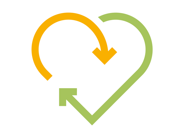 Ein stilisiertes Herz als orange-grüne Bändergrafik mit Pfeilen an den Linienenden Ein stilisiertes Herz als orange-grüne Bändergrafik mit Pfeilen an den Linienenden