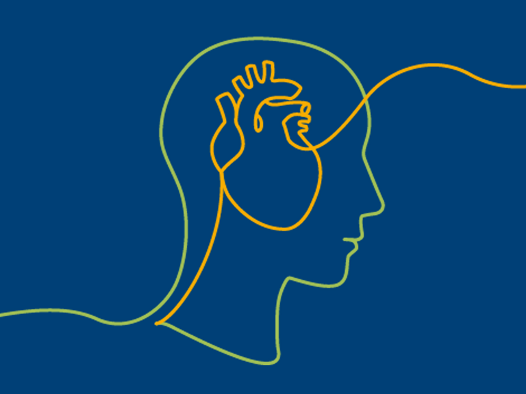 Symbolische Illustration zur Psychokardiologie: Kopfprofil mit eingezeichnetem Herz, das die enge Verbindung zwischen Psyche, Gehirn und Herzgesundheit darstellt Symbolische Illustration zur Psychokardiologie: Kopfprofil mit eingezeichnetem Herz, das die enge Verbindung zwischen Psyche, Gehirn und Herzgesundheit darstellt